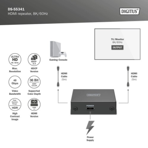 Адаптер HDMI extender 10m 8K60Hz/13m 4K60Hz repeater Digitus (DS-55341)