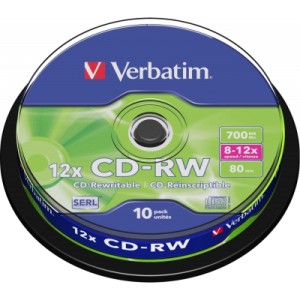 Диск CD Verbatim CD-RW 700Mb 12x Cake box 10шт (43480)