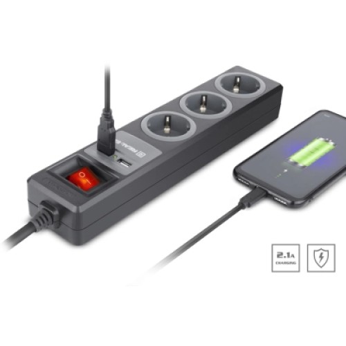 Сетевой удлинитель REAL-EL RS-3 USB CHARGE 1.8m, black (EL122500001)