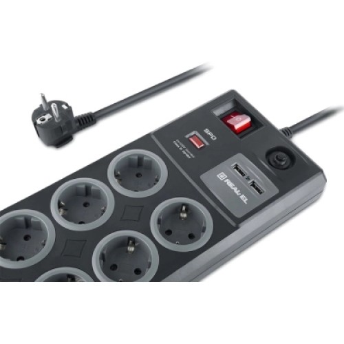 Сетевой фильтр питания REAL-EL RS-8F USB CHARGE 3m, black (EL122300004)