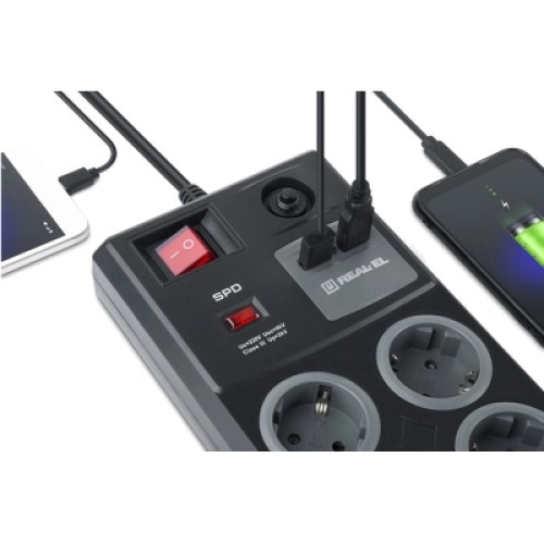 Сетевой фильтр питания REAL-EL RS-8F USB CHARGE 3m, black (EL122300004)
