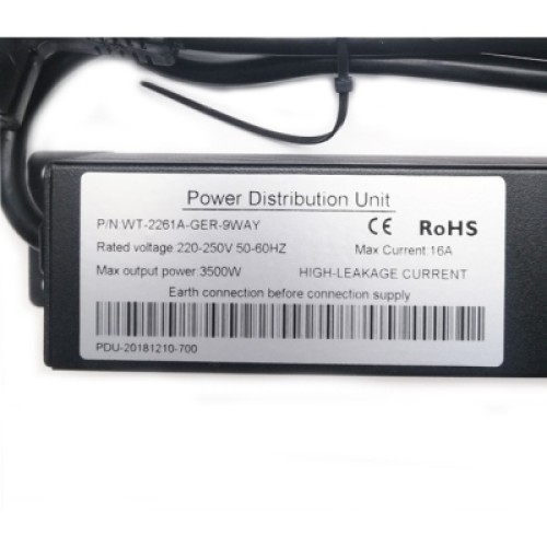 Силовой блок Eserver 19" 9 розеток, кабель 1.8м, алюм. корпус PDU 220В, 16А (WT-2261A-GER-9WAY)