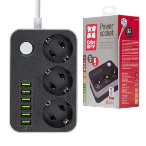 Сетевой фильтр питания ColorWay CW-CHЕ36B, 3 розетки/6USB Black 1.8M (CW-CHE36B)