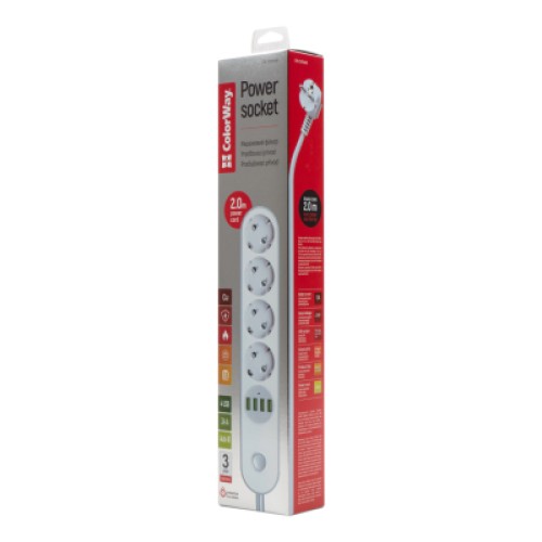 Сетевой фильтр питания ColorWay CW-CHE44W, 4 розетки/4USB White 2M (CW-CHE44W)