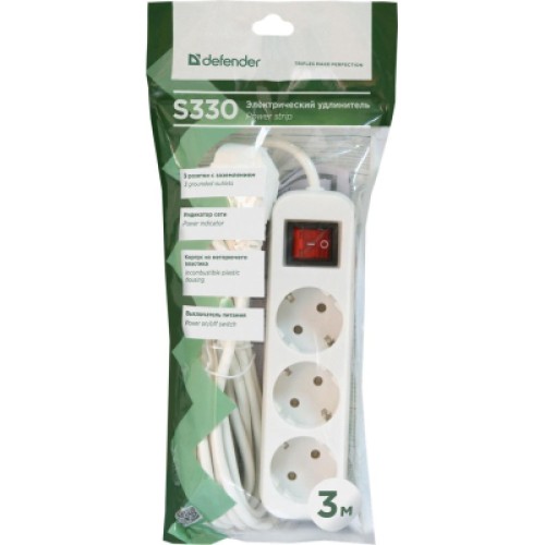 Сетевой удлинитель Defender S330 3.0 m 3 роз switch white (99234)