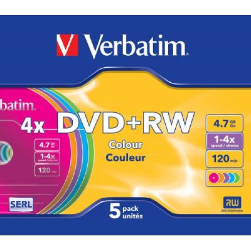 Диск DVD Verbatim 4.7Gb 4x SlimCase 5шт Color (43297)
