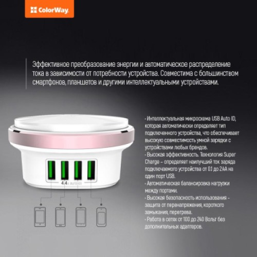 Зарядное устройство ColorWay 4*USB 4.4А + LED лампа 310 Lm (CW-CHL44A)