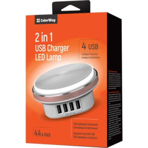 Зарядное устройство ColorWay 4*USB 4.4А + LED лампа 310 Lm (CW-CHL44A)