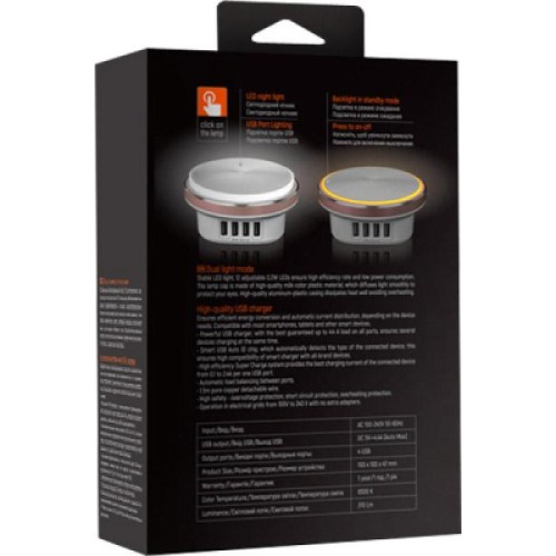Зарядное устройство ColorWay 4*USB 4.4А + LED лампа 310 Lm (CW-CHL44A)
