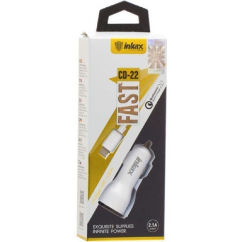 Зарядное устройство Inkax CD-22 Car charger + Type-C cable 1USB 2.1A White (F_72210)