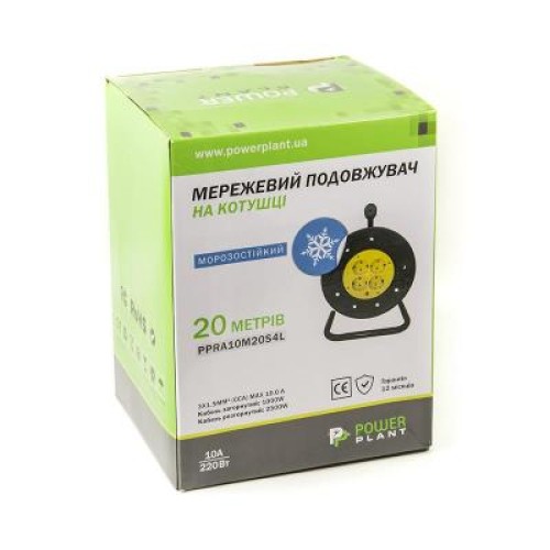 Сетевой удлинитель PowerPlant на катушке 20 м, 4 розетки, морозостойкий (JY-2002/20) (PPRA10M20S4L)