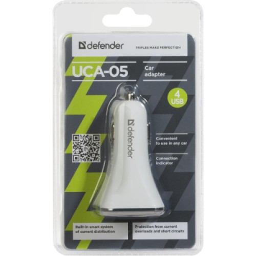 Зарядное устройство Defender UCA-05 авто, 4 порта USB, 5V / 8A (83567)