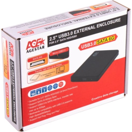 Карман внешний AgeStar 2.5", USB3.0, черный (3UB2P2)