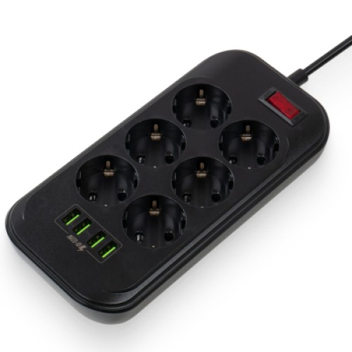 Сетевой фильтр питания ColorWay CW-CHE64B, 6 розеток/4USB Black (CW-CHE64B)