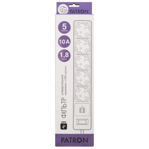 Сетевой фильтр питания Patron 1.8m + 2 USB 2.0, 2.1A, 5 роз. White (EXT-PN-SP-52-USB-W)
