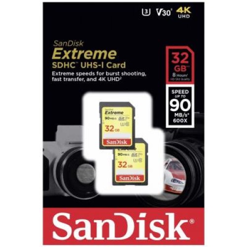 Карта памяти SanDisk 32GB SDHC class 10 V30 UHS-I U3 Extreme 2-pack (SDSDXVE-032G-GNCI2)
