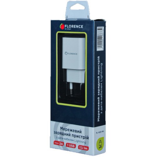 Зарядное устройство Florence 1USB 2A + Lightning cable white (FL-1020-WL)