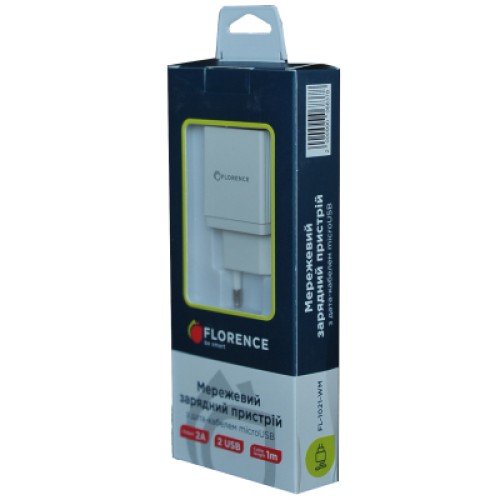 Зарядное устройство Florence 2USB 2A + microUSB cable white (FL-1021-WM)