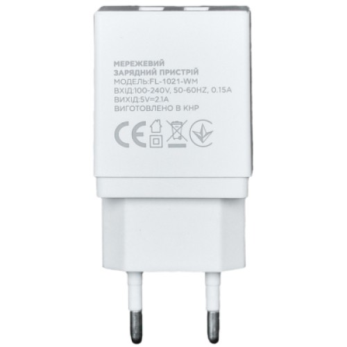 Зарядное устройство Florence 2USB 2A + microUSB cable white (FL-1021-WM)