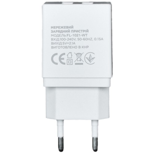 Зарядное устройство Florence 2USB 2A + Type-C cable white (FL-1021-WT)