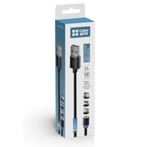 Дата кабель USB 3в1 (Lightning+MicroUSB+Type-C) Magnet only charge ColorWay (CW-CBUU020-BK)