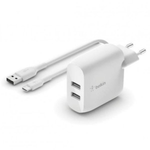 Зарядное устройство Belkin Home Charger (24W) DUAL USB 2.4A, USB-C cable 1m, white (WCE001VF1MWH)