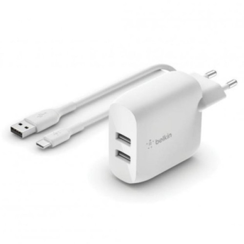 Зарядное устройство Belkin Home Charger (24W) DUAL USB 2.4A, USB-C cable 1m, white (WCE001VF1MWH)