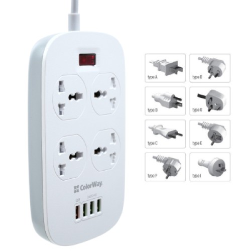 Сетевой фильтр питания ColorWay 4 розетки/4USB White 1.8м (1QC3.0 + 3 AUTO ID) (CW-CHU44QW)