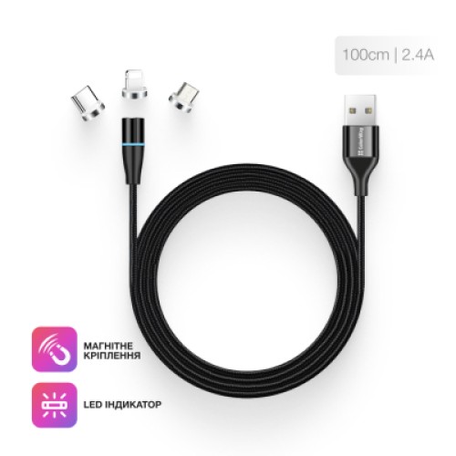 Дата кабель USB 2.0 AM to Lightning + Micro 5P + Type-C 1.0m Magnetic ColorWay (CW-CBUU038-BK)
