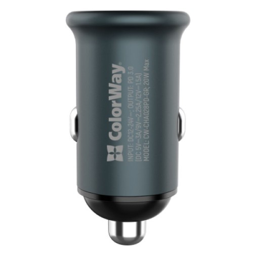 Зарядное устройство ColorWay 1USB Car ( PD USB Type-C (20W) Gray (CW-CHA028PD-GR)
