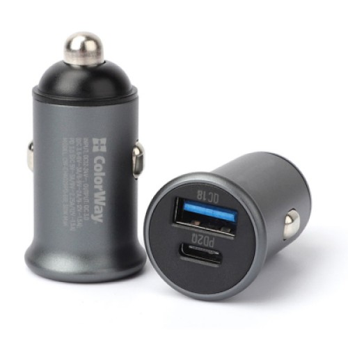 Зарядное устройство ColorWay 2USB Car (Type-C PD20W + USB QC3.0 ) (38W) Gray (CW-CHA029PD-GR)