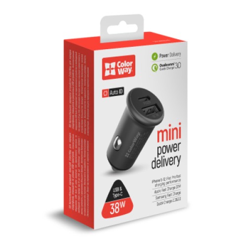 Зарядное устройство ColorWay 2USB Car (Type-C PD20W + USB QC3.0 ) (38W) Gray (CW-CHA029PD-GR)