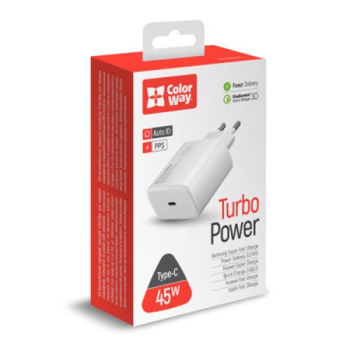 Зарядное устройство ColorWay Power Delivery Port PPS USB Type-C (45W) white (CW-CHS034PD-WT)