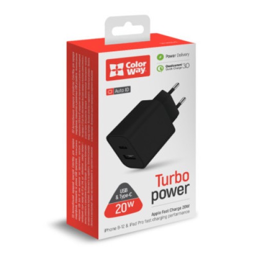 Зарядное устройство ColorWay Type-C PD + USB QC3.0 (20W) V2 black (CW-CHS025QPD-BK)