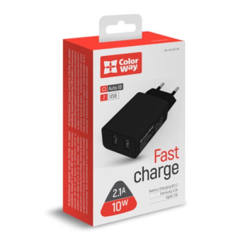 Зарядное устройство ColorWay 2USB AUTO ID 2.1A (10W) black (CW-CHS015-BK)