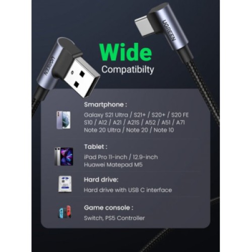 Дата кабель USB 2.0 AM to Type-C 1.0m US176 Both Angled 3A (Black) Ugreen (20856)