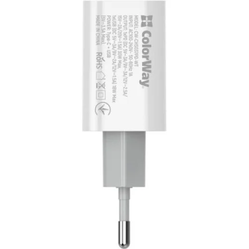 Зарядний пристрій ColorWay PD Port PPS USB (Type-C PD + USB QC3.0) (30W) (CW-CHS037PD-WT)