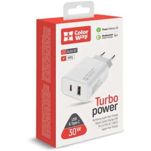 Зарядний пристрій ColorWay PD Port PPS USB (Type-C PD + USB QC3.0) (30W) (CW-CHS037PD-WT)