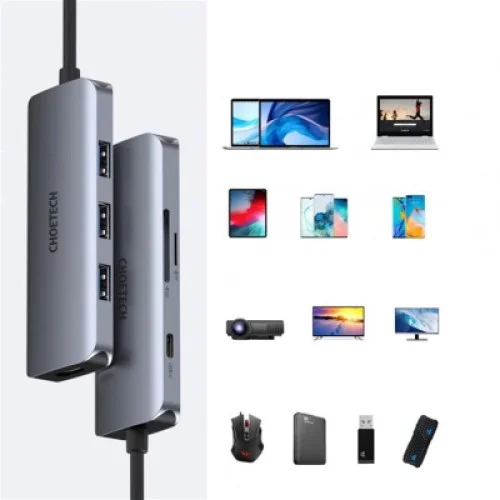Концентратор Choetech USB-C 7-in-1 3хUSB 3.0+USB-C PD100W+HDMI 4K 30HZ+SD/TF USB3.1 (HUB-M19-GY)