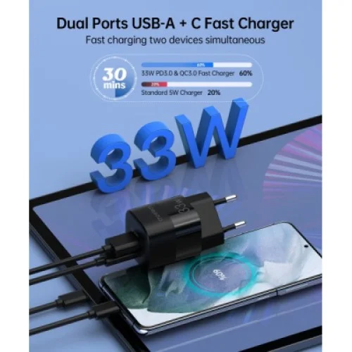 Зарядное устройство Choetech GaN USB-A/USB-C 33W QC3.0/PD/PPS (PD5006-EU-BK)