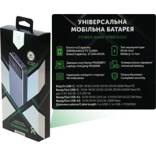 Батарея універсальна Vinga 30000 mAh 100W Display VA Grey (Li-Ion) (VPBB30100)