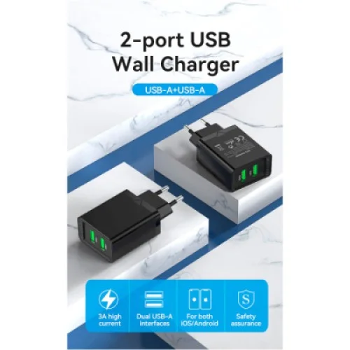 Зарядное устройство Vention 2xUSB 36W (2xUSB-A) QC3.0 black (FBAB0-EU)