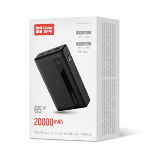 Батарея универсальная ColorWay 20 000 mAh PD/65W, QC/3.0, black (CW-PB200LPA3BK-PDD)