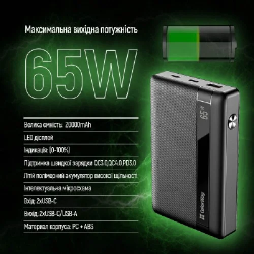 Батарея универсальная ColorWay 20 000 mAh PD/65W, QC/3.0, black (CW-PB200LPA3BK-PDD)