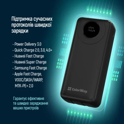 Батарея універсальна ColorWay 20 000 mAh EnergyPlus PD/18W, QC3.0/22.5W, Black (CW-PB200LPB4BK-PDD)
