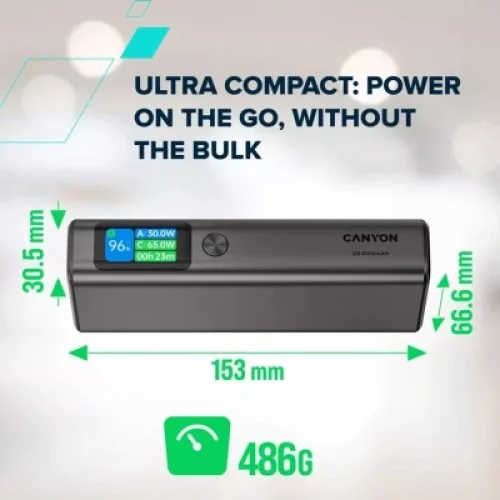 Батарея универсальная Canyon 20000mAh OnPower 230 TFT PD/130W Dark Grey (CNS-CPB230DG)