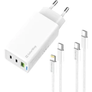 Зарядное устройство ColorWay GaN Mini 65W PD Port PPS USB (USB-2C1A) cable Type-C&Lightning (CW-CHS058PDCL-WT)