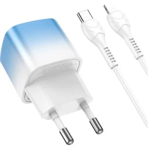 Зарядное устройство HOCO C101A USB-C PD20W + cable USB-C to Lightning Ice Blue (6931474769381)