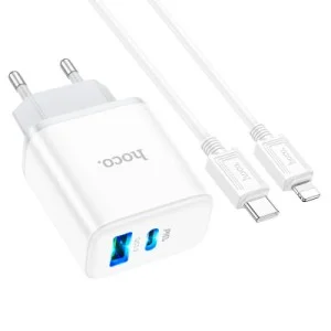 Зарядний пристрій HOCO C105A Stage 1xUSB-C PD20W + 1xUSB QC3.0 + cable USB-C to Lightning White (6931474782939)