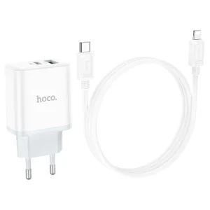 Зарядний пристрій HOCO C105A Stage 1xUSB-C PD20W + 1xUSB QC3.0 + cable USB-C to Lightning White (6931474782939)